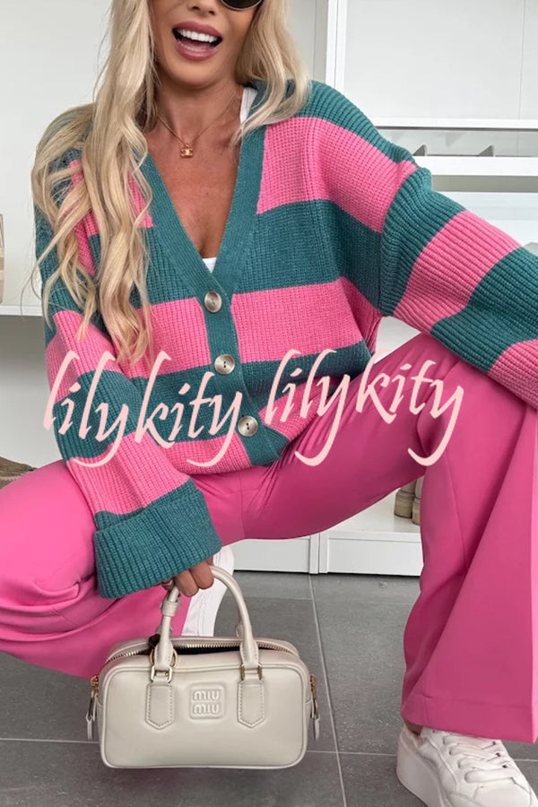 Fashion Contrast Striped Casual V-neck Long-sleeved Knitted Cardigan