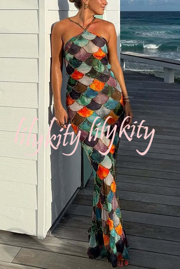 Little Mermaid Colorful Scales Print Halter Maxi Dress