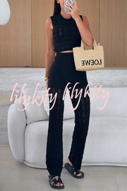 Solid Color Hollow Sleeveless Round Neck Knitted Vest and Stretch Casual Straight Pants Set