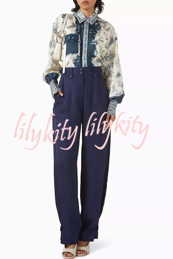 Bohemian Elegant Satin Contrast Color Unique Print Button Up Pocket Loose Blouse