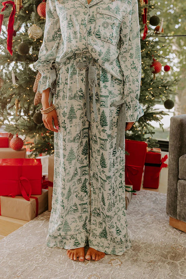 Christmas Night Satin Loose Shirt and Elastic Waist Pocketed Pajama Set