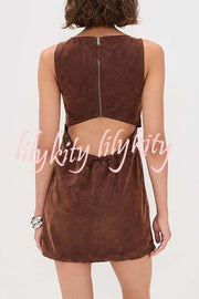 Atlas Faux Suede Open Back Button Accents Zipper Mini Dress