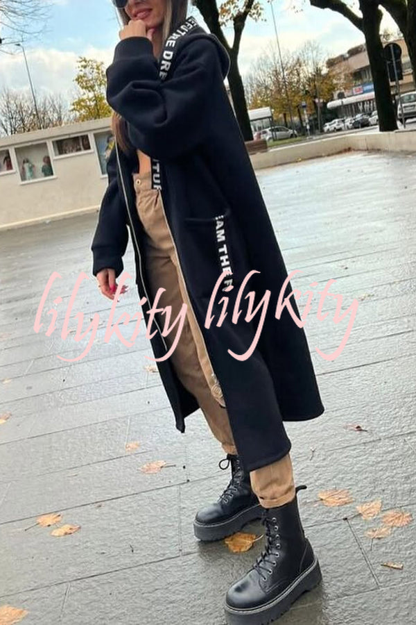 Fashionable and Casual Hooded Zipper Pocket Loose Long Coat