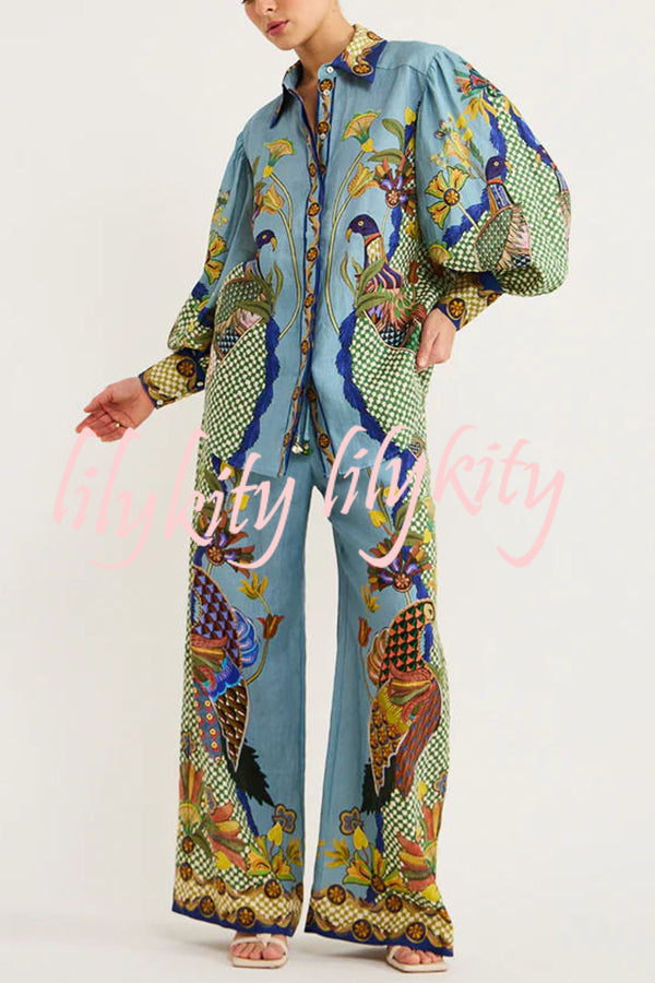 Sun Seeking Unique Heaven Bird Print Balloon Sleeve Button Loose Shirt