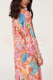 Painter's Garden Boho Floral Print Button Long Sleeve Relaxed Blouse