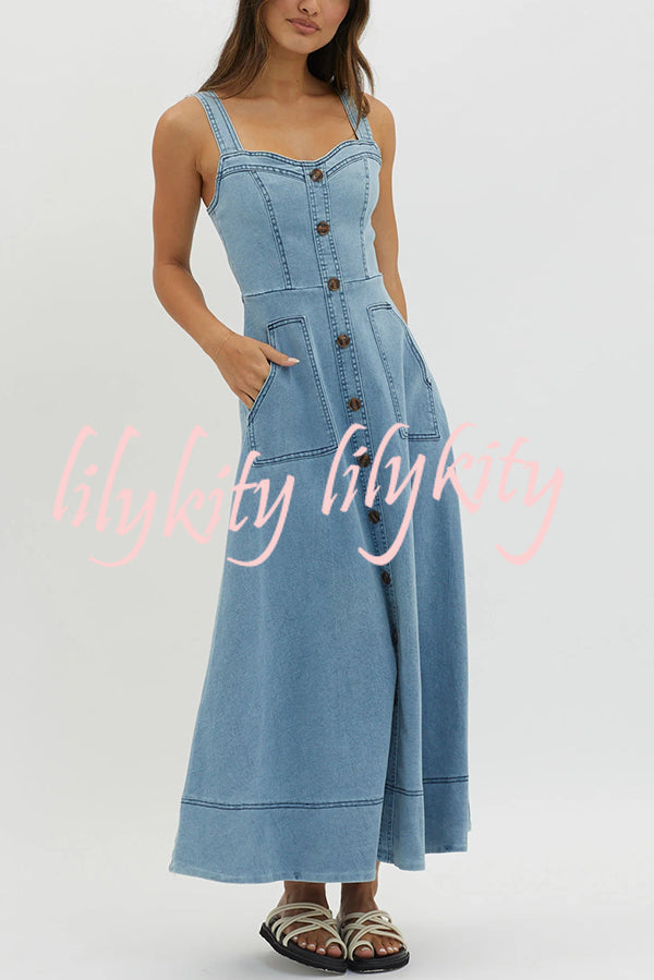 Solid Color Suspender Pocket Button Slim Denim Midi Dress