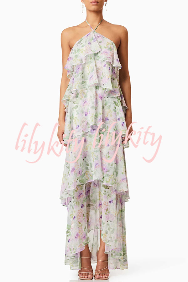 Cocktail Party Sheer Floral Georgette Halter Flowy Tiered Maxi Dress