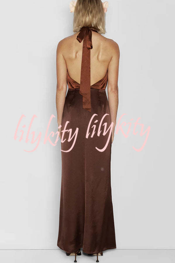 Like A Gem Satin Colorblock Halter Backless Party Maxi Dress