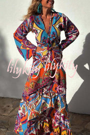 Colorful Day Unique Print Bell Sleeve Cutout Waist Layered Maxi Dress