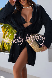 Solid Color Hollow Long Sleeve Loose Waist Tie Knitted Cardigan