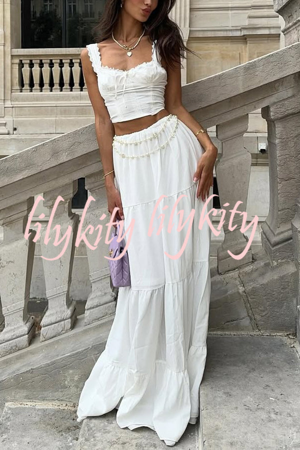 Fashionable Suspender Slim-fit Top and Elastic Waist Stitching Elegant Maxi Skirt Set