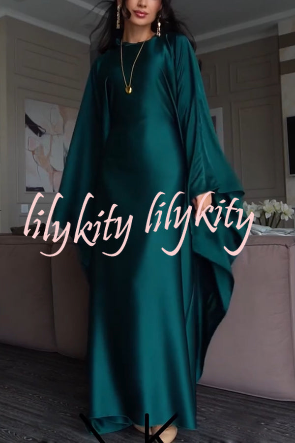 Dignified and Elegant Satin Batwing Sleeve with Waist Tie Design A-line Maxi Dress