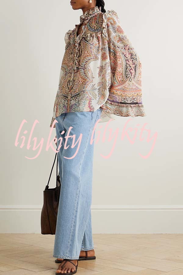 Feeling Dreamy Paisley Print Ruffle Jacquard Bell Sleeve Loose Blouse