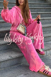 Velvet Casual Zip-up Hooded Top and Elastic Waist Wide Leg Pants Set