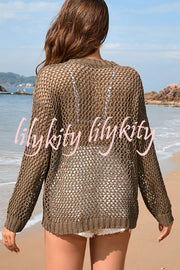 Solid Color Round Neck Long Sleeve Heart Knitted Beach Cover Up