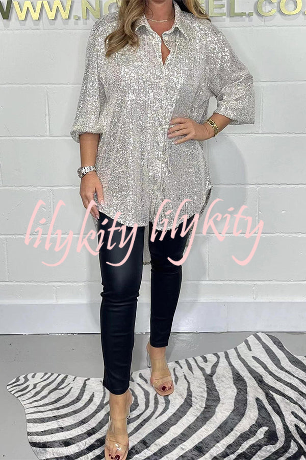 Party Season Solid Color Sequin Button Long Sleeve High Low Shirt