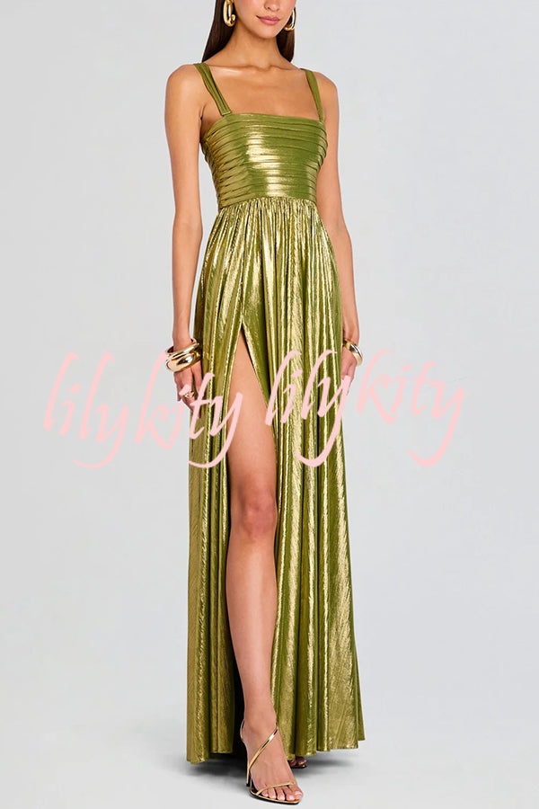 Artistic Quality Metallic Pleated Fabric Removable Straps Slit Maxi Dress