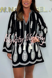 Fashionable Embroidered Pattern V-Neck Trumpet Sleeve Loose Mini Dress