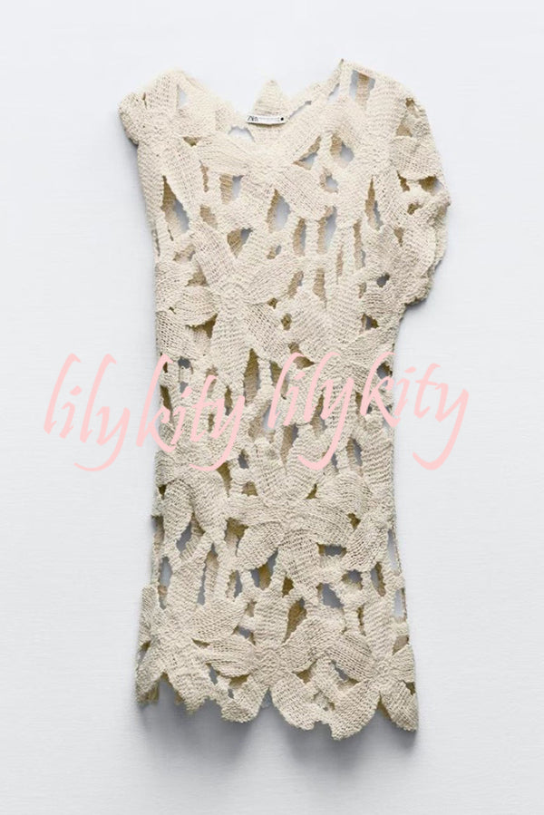 Fashion Crochet Hollow Loose Beach Cover-up Mini Dress