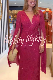 Shine Brighter Sequin Cape Sleeve Cross Waist Evening Maxi Dress