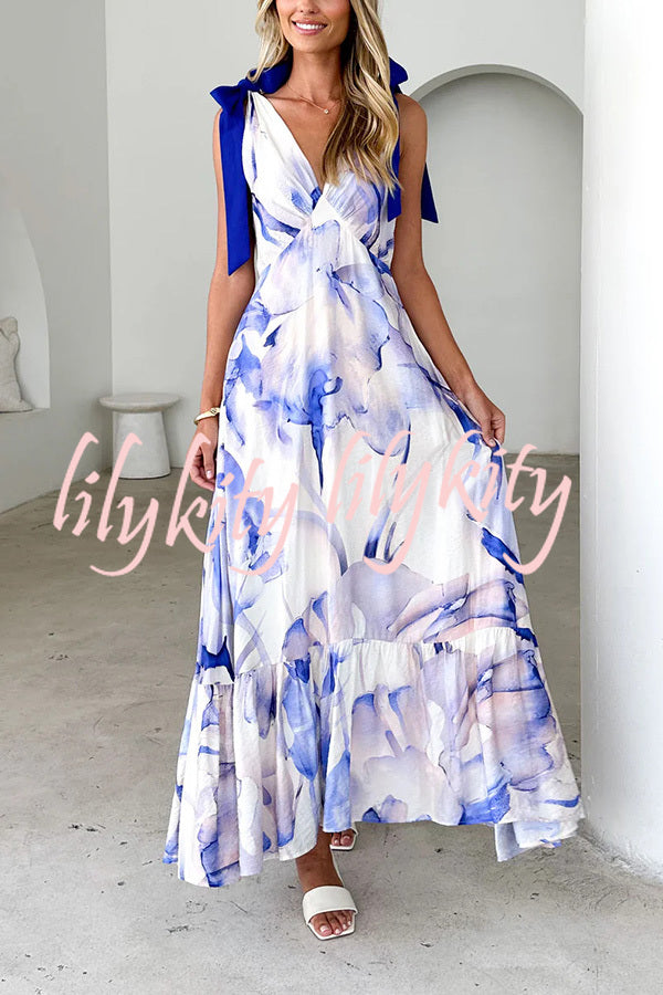 Unique Printed V-neck Sleeveless Lace-up Waist Maxi Dress