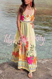 Resort Style Unique Print Sexy Square Neck Backless Waist Maxi Dress