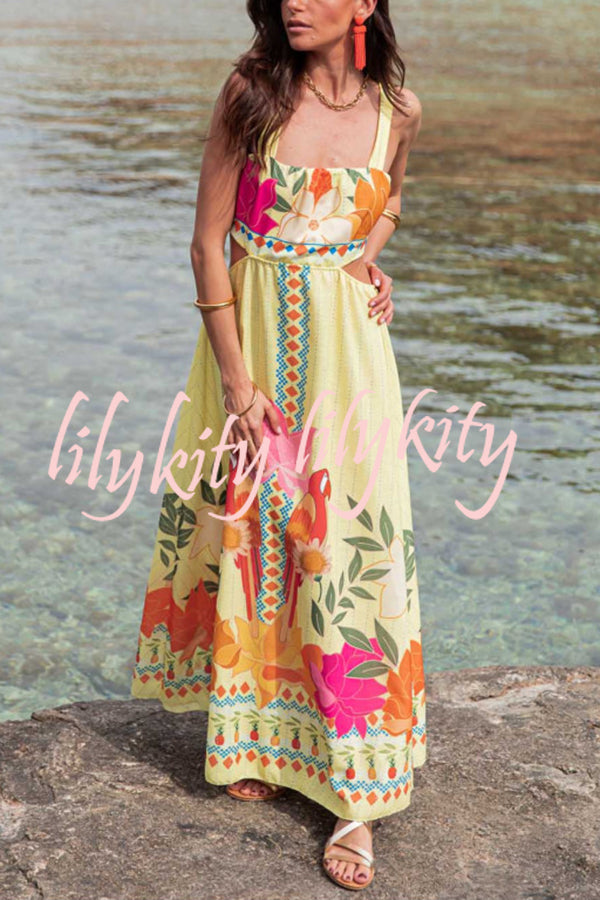 Resort Style Unique Print Sexy Square Neck Backless Waist Maxi Dress