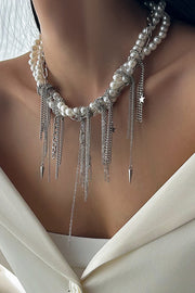 Elegant Pearl Beaded Tassel Heart Chain Necklace