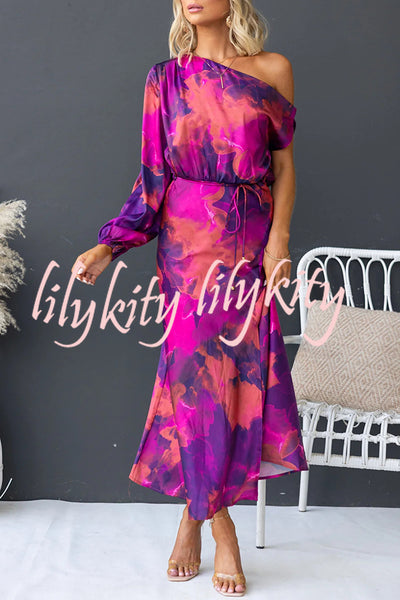 Winona Satin Floral Print One Shoulder Balloon Sleeve Tie-up Maxi Dress
