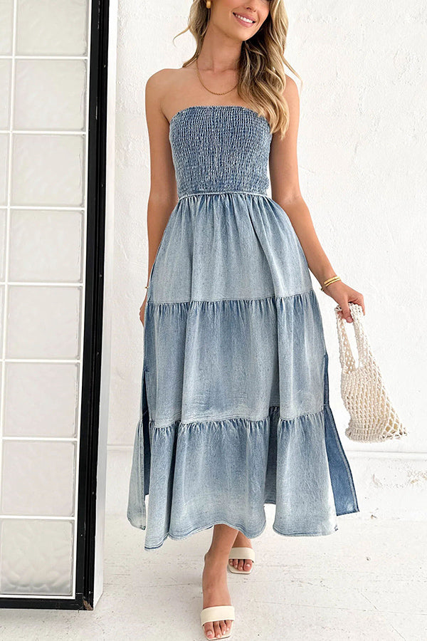 Asmn Off Shoulder Pleated Pocket Paneled Denim Maxi Dress