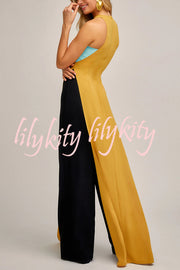 Fashionable Contrast Color Stitching Sleeveless Slim Maxi Dress