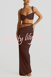 Sexy Halter Back Braided Suspender Top and Beach Holiday Style Hip-wrapped Maxi Skirt Set