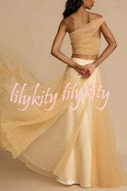 Romance Factor Satin Patchwork Tulle High Rise Elastic Waist A-line Maxi Skirt