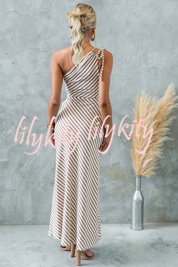 Stylish Striped Print One Shoulder Slope-neck Maxi Dress