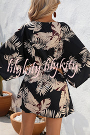 Botanical Print Button Drawstring Waist Dolman Sleeve Loose Romper