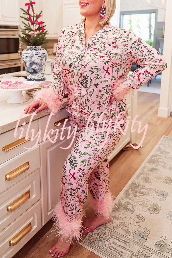 Iconic Holiday Printed Feather Trim Elastic Waist Pocketed Pajama Set