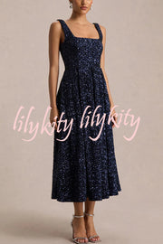 Effortless Sparkle Sequin Square Neck Wide Strap A-Line Midi Dress