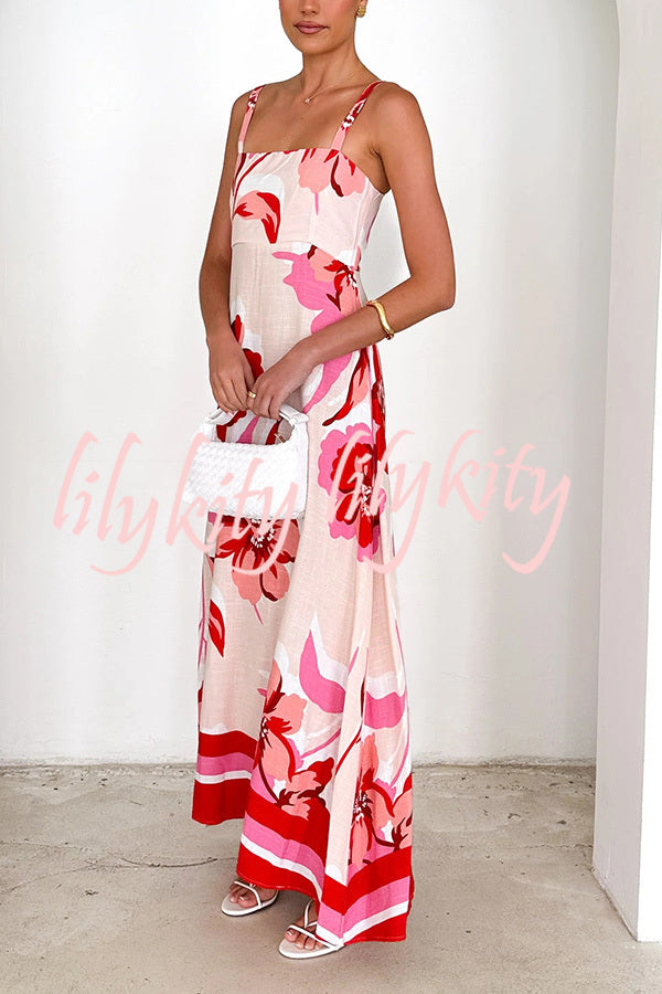 Floral Print Strap Square Neck Large Hem Maxi Dress