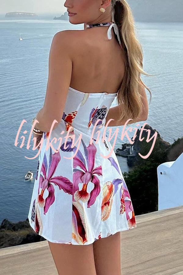 Seaside Bouquet Linen Blend Shells Unique Print Halter Mini Dress