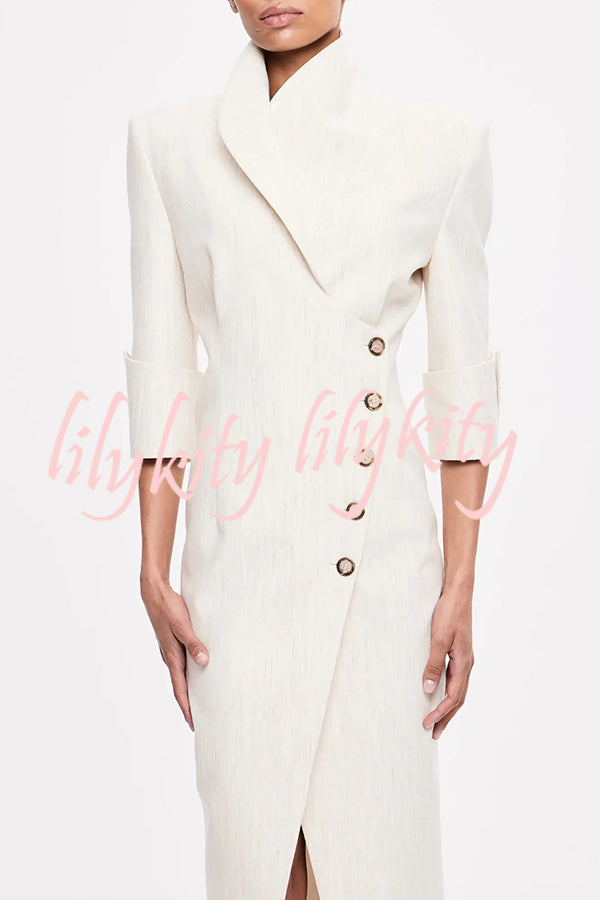Elegant Look Linen Blend Stand Lapel Neck Half Sleeve Side Button Midi Dress
