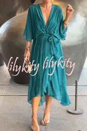 Solid Color V-neck Bat Sleeve Lace-up Irregular Hem Midi Dress