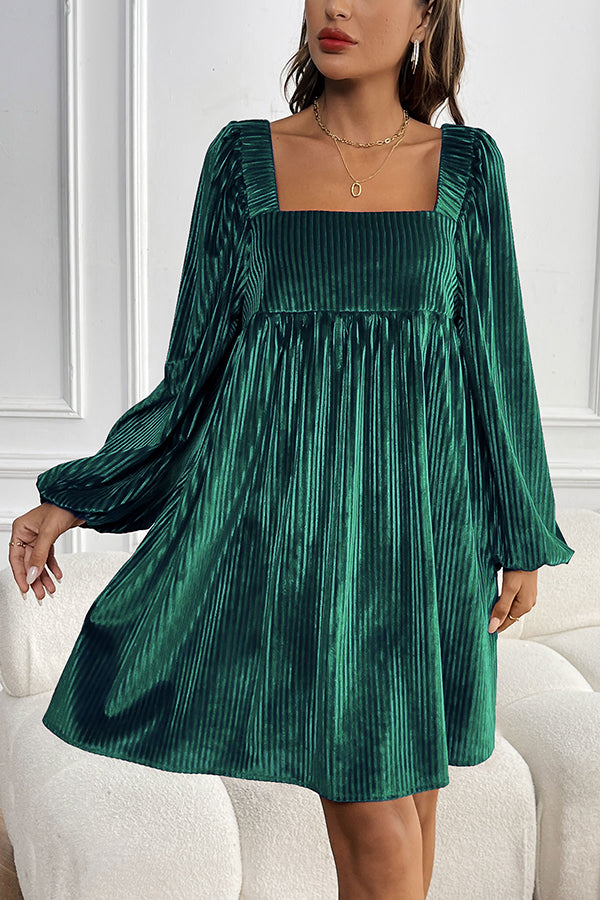 Solid Color Velvet Square Neck Long Sleeve Pocket Casual Mini Dress