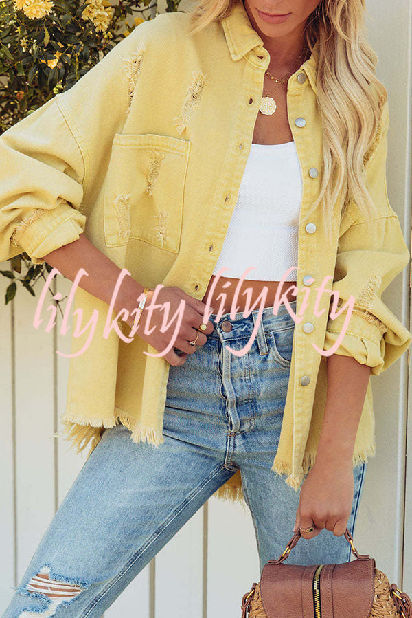 Stylish Lapel Long Sleeve Ripped Denim Jacket