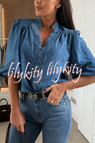 Fashion V-neck Button-down Lantern Sleeve Casual Denim Shirt
