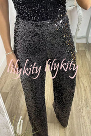 Glitzy Glamour Sequin High Rise Elastic Waist Wide Leg Pants