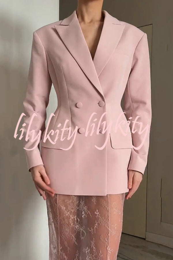 Solid Color Lapel Long Sleeve Waist Double-breasted Blazer