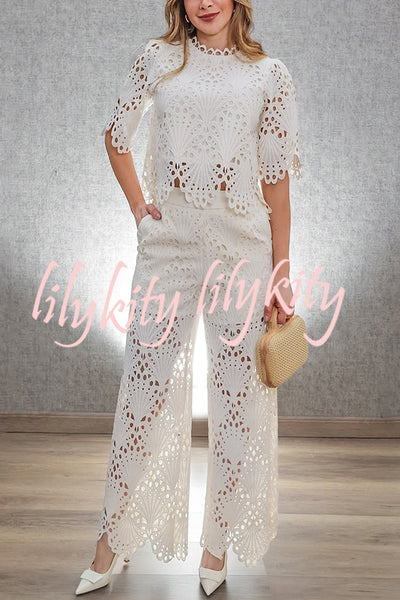 Eliose Scallop Cutout Embroidery Lace Elastic Waist Pocket Loose Pants
