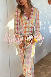 Gorgeous Sunshine Colorful Unique Print Kimono Puff Sleeve Midi Dress