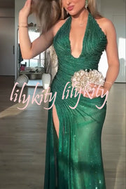 Edeita Sequin Pleated Design Deep Halter U-neck Slit Drape Gown Maxi Dress