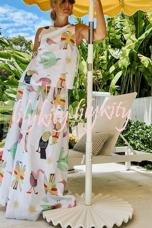 Island Paradise Linen Blend Unique Print Tie-up Slit Tank and Elastic Waist Pocketed Maxi Skirt Set